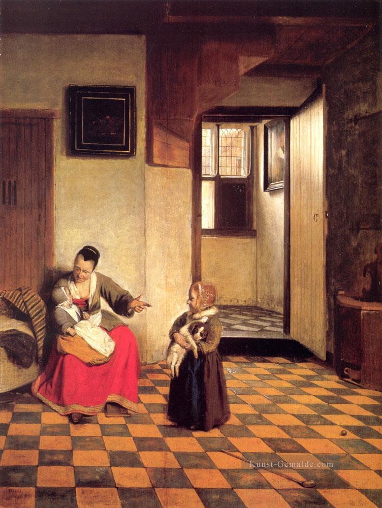 mit einem Baby einer Frau in ihren Schoß und einem Kleines Kind genre Pieter de Hooch Ölgemälde